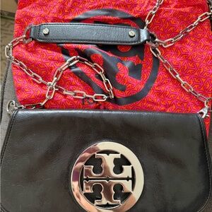 Tory Burch Black Leather Reva Crossbody Bag with Silver Chain